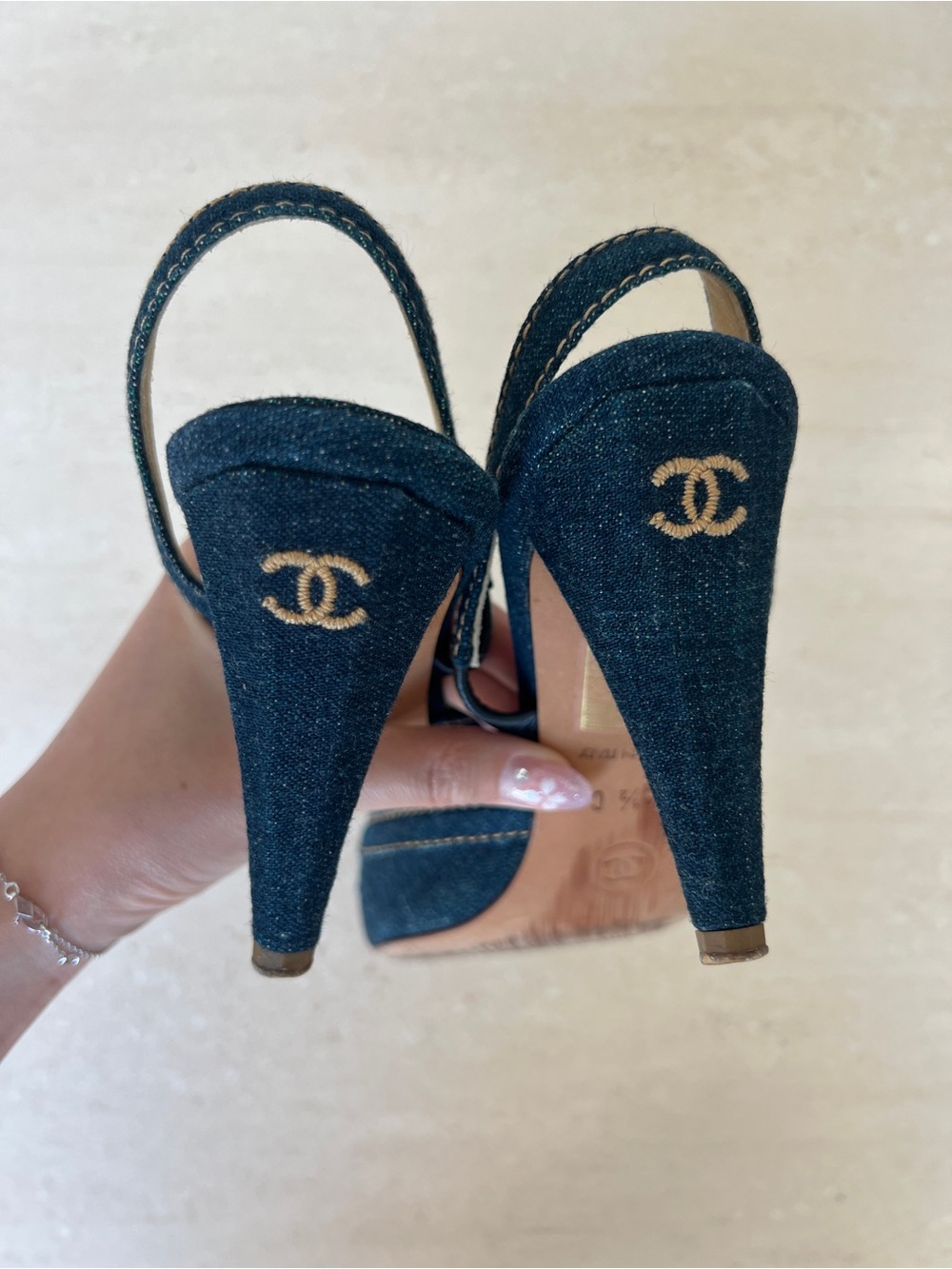 CHANEL Navy Denim Camellia Slingback Heels - Picture 8 of 9